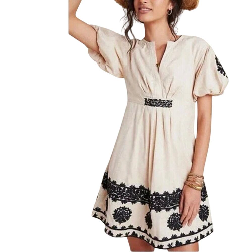 Anthropologie Orla Embroidered Mini Dress, Boho Chic Cottagecore Earthy, Size 8